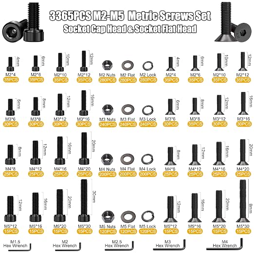 ZTF 3745PCS Nuts and Bolts Assortment Kit, Metric Flange Bolt Set & Screw Assortment Kit M2 M3 M4 M5 M6x1.0 M8x1.25 M10x1.5 Bolt(4-45mm) 42 Sizes Hex Socket Flat Head & Cap Head Metric Screw