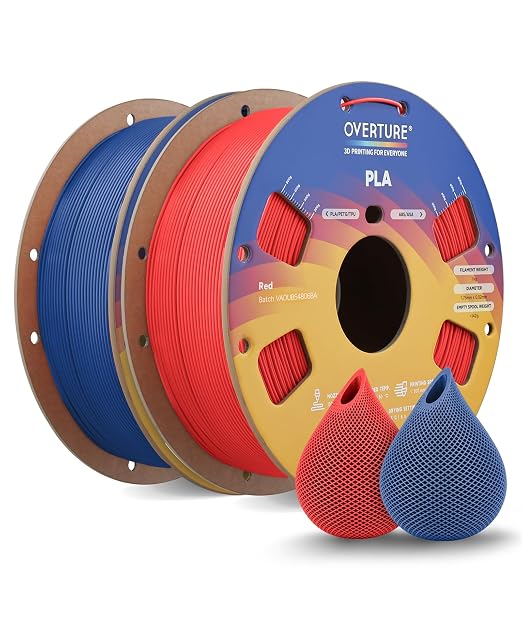 OVERTURE 2KG Bundle High Speed PLA Filament 1.75mm, Neatly Wound 3D Printer Filament 2 Pack 1kg Spool (2.2lbs) Rapid PLA, Fit Most FDM 3D Printers (Red+Blue)