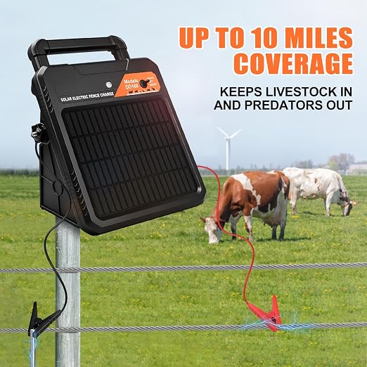 10 Miles Solar Electric Fence Charger 0.16J Output Fence Energizer with Front Visible Switch Design, Peak 8.1KV Output 2.5KV Under Load Portable Solar Fence Charger for Livestock Defense