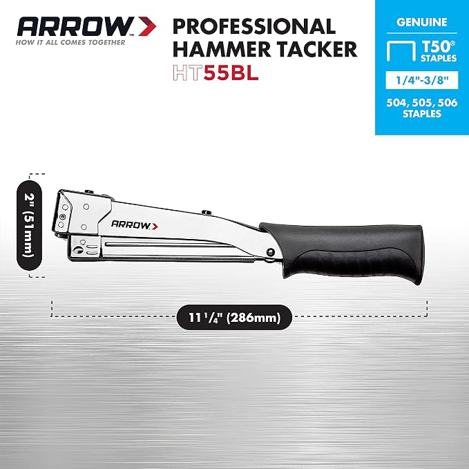 Arrow HT55BL Hammer Tacker, Manual Stapler for Construction and Insulation, Ergonomic Grip Handle, Dual-Capacity Rear-Load Magazine, Fits 1/4”, 5/16", or 3/8" Staples, Silver (Pack of 4)