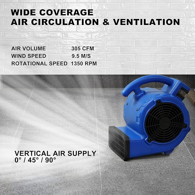 Simple Deluxe Blower Fan, 305 CFM Mini Floor Air Mover for Water Damage Restoration Carpet and Floors Dryer, Home and Plumbing Use, 16ft Power Cord, Blue