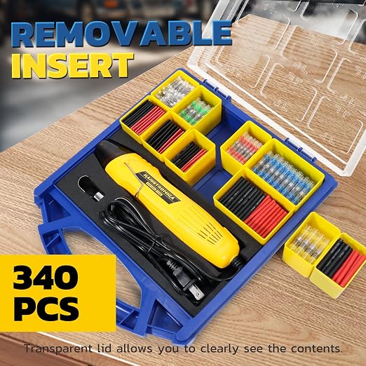 haisstronica All-in-One Solder Seal Wire Connectors with Tubing Set, Mini Heat Gun for Heat Shrink Tubing, Electrical Connectors Assortment, Organizer Box with Removable Dividers(340PCS)