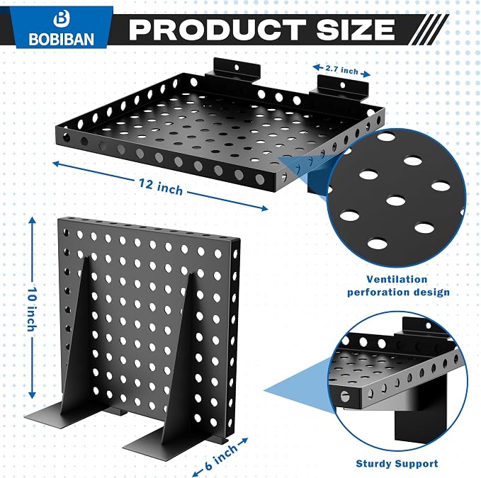 2 Pack Slatwall Shelves, Heavy Duty Metal Slat Wall Shelf for Retail, Garage, Home Storage, 20 lbs Load Capacity, Universal Slatwall Accessories(10 x 12 Inch-2, Black)