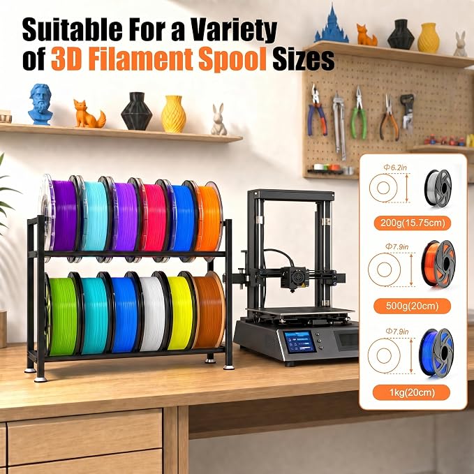 3D Printer Filament Rack Desktop, 2-Tier Metal Spool Holder Organizer | Heavy Duty 3D Filament Storage Rack for 3D Printing PLA/ABS/TPU Filaments, for Home, Office, Workshop, Studio