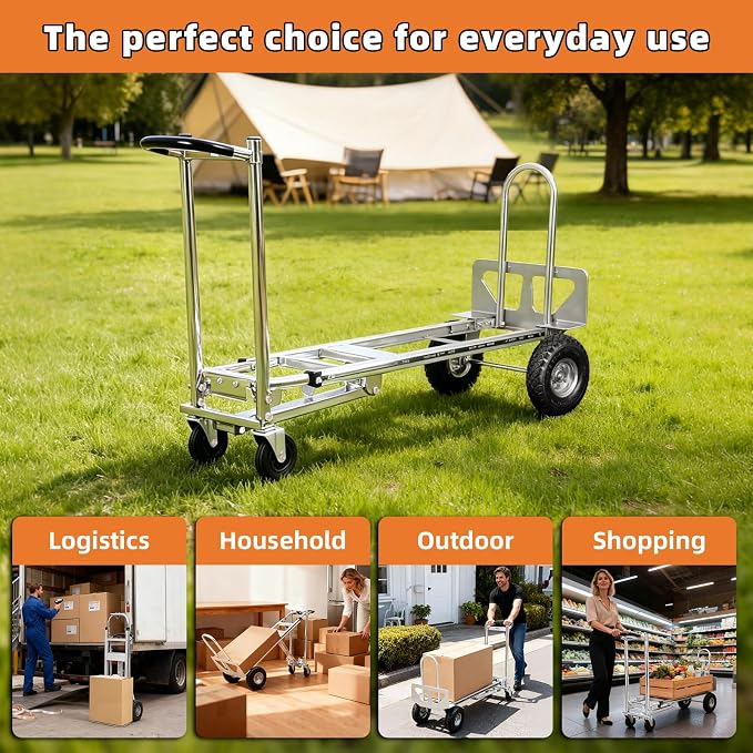 Aluminum 4 in 1 Convertible Hand Truck Dolly, 1000Lbs Capacity, Heavy Duty Folding Hand Truck Dolly Cart with Wheels 10" All-Terrain Tires, Hand Trucks for Logistics, Home, Office, School, Silver