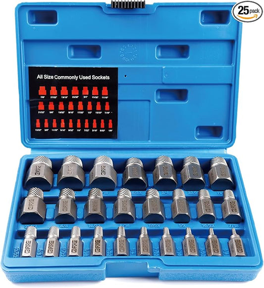 25-Piece Screw Extractor Set, Hex Head Multi-Spline, Easy Out Bolt Extractor Tool, Chrome Molybdenum Alloy Steel Heavy Duty EZ Out Rounded Screw Remover, 1/8" to 1" diameter