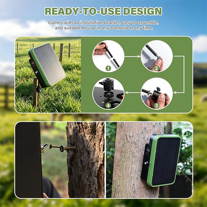 Solar Powered Electric Fence Charger, Energizer with Stand, Adjustable 5kV-9kV Output, 6000mAh Battery, 5.5W Solar Panel Perfect for Farms Gardens Orchards, Keeps Livestock Safe from Wildlife