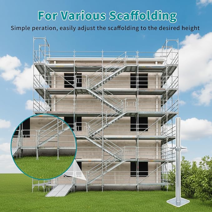 24" Adjustable Scaffolding Leaveling Jack, Galvanized Steel Hollow Screw Jack with Base Plate, 4 Pack