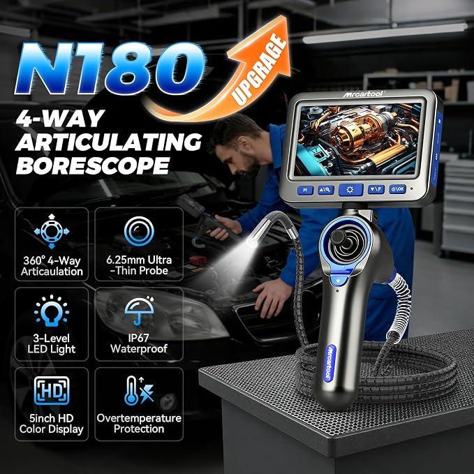 4-Way 360° Articulating Borescope with 6 Light, Endoscope Camera with 6.2mm Probe, 4.0Ft Semi-Rigid Cable, 8X Zoom Inspection Camera for Automotive Engine Pipe HVAC