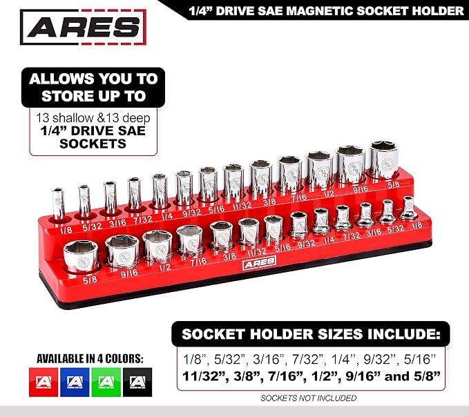 ARES 70232-26-Piece 1/4-Inch SAE Magnetic Socket Organizer - 13 Standard Size and 13 Deep Size Socket Holder - Keeps Your Tool Box Organized