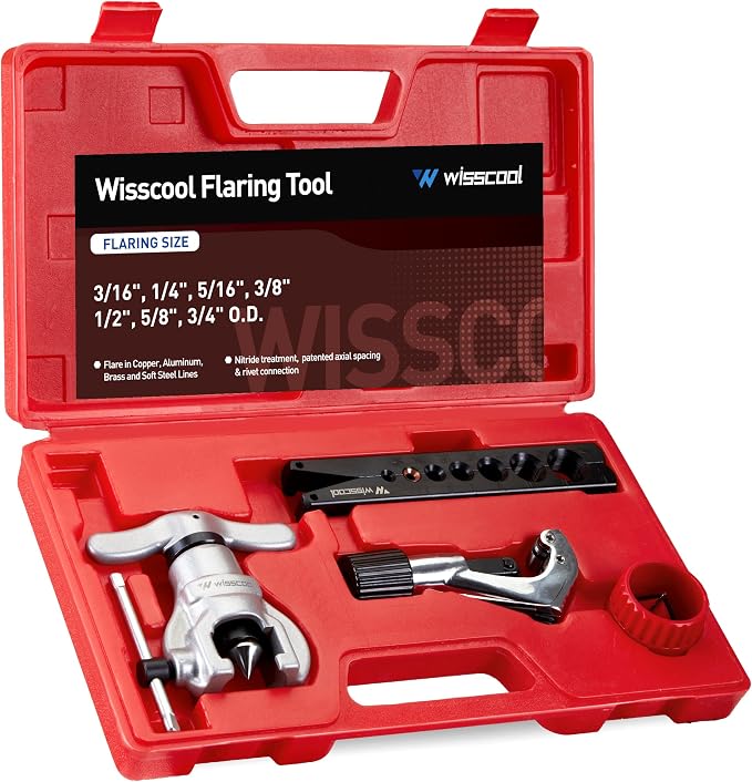 Wisscool Eccentric Flaring Tools Set and Tube Cutter Dedurring Tool Kit 7 Dies Sizes 3/16-3/4 inch 45 Degree Angle Eccentric Cone for Copper Brass Aluminum Mild Steel HVAC Refrigeration Plumping Work