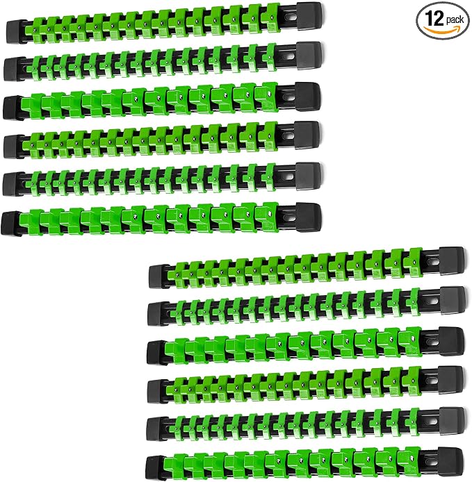 ALOANES 12PC Socket Organizer, Socket Rails Fit 1/2", 1/4" and 3/8" Drive | Portable Heavy Duty ABS Socket Holders Hold up 172 Sockets for Toolbox Drawer Bags(Green)