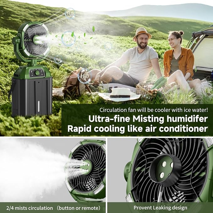 Portable Misting Fan Rechargeable for Hot Weather - 9-inch Auto Swivel Camping Fan with 25000mAh USB Battery as Power Bank, Outdoor fan with 4 Mist Cooler, 7L Bucket for Patio,Yard,Beach,Golf (Green)