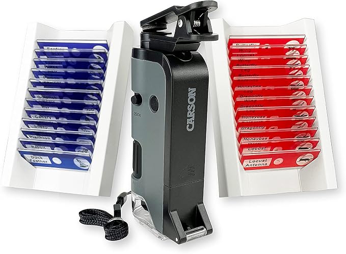 Carson MicroFlip 100x-250x LED and UV Lighted Pocket Microscope with Flip Down Slide Base and Adapter with CarsonCam Phone App - Bundle Included with 24 Prepared Insect and Animal Slides (MP-250BUN)