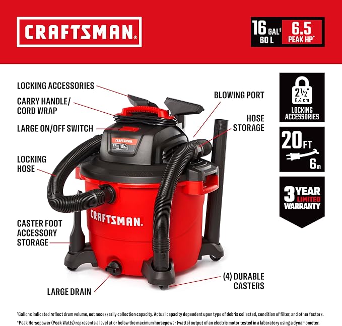 CRAFTSMAN CMXEVBE18695 16 Gallon 6.5 Peak HP Wet Dry Shop Vacuum