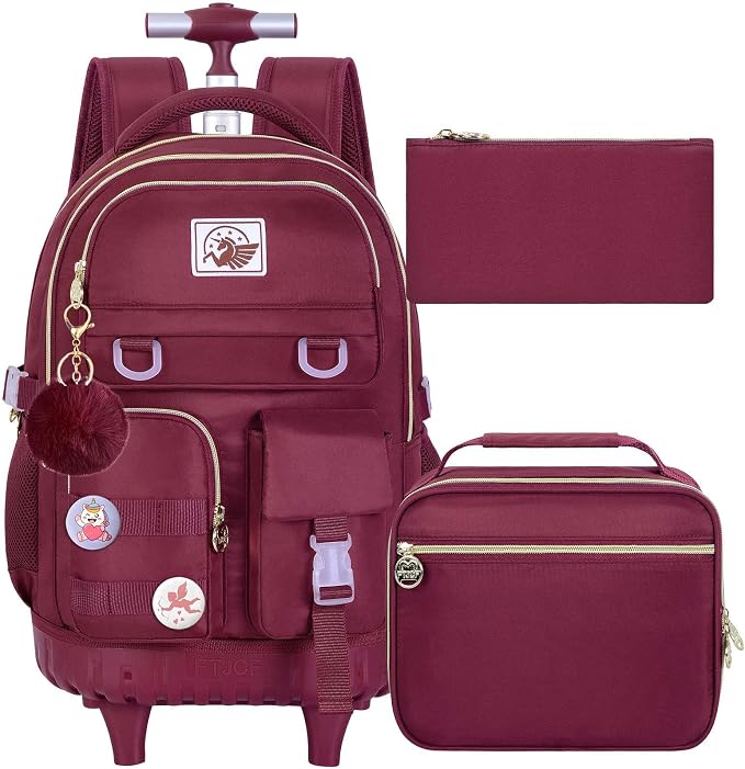 CCJPX Rolling Backpack for Girls, 21 inch Women Roller Wheels School Bookbag, Laptop Wheeled Water Resistant Wheeled Bookbag Set - Red