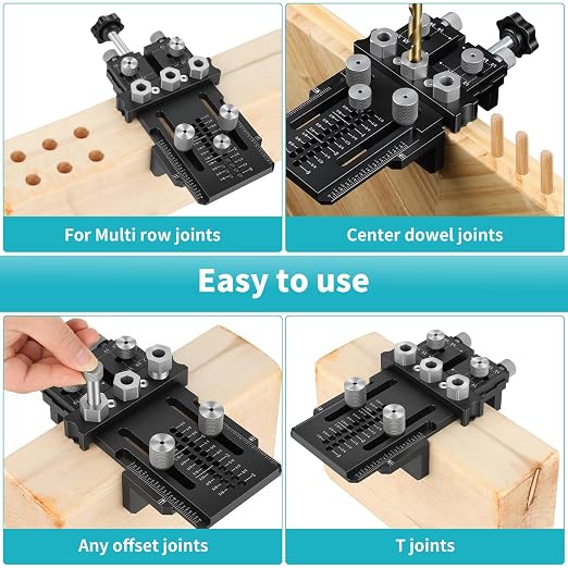 Dowel Jig Kit for Perfect Wood Joints, Self Centering Doweling Jig with 1/4 3/8 1/2 Drill Bushings & Bits, Woodworking Hole Drilling Guide for Cabinet Furniture DIY