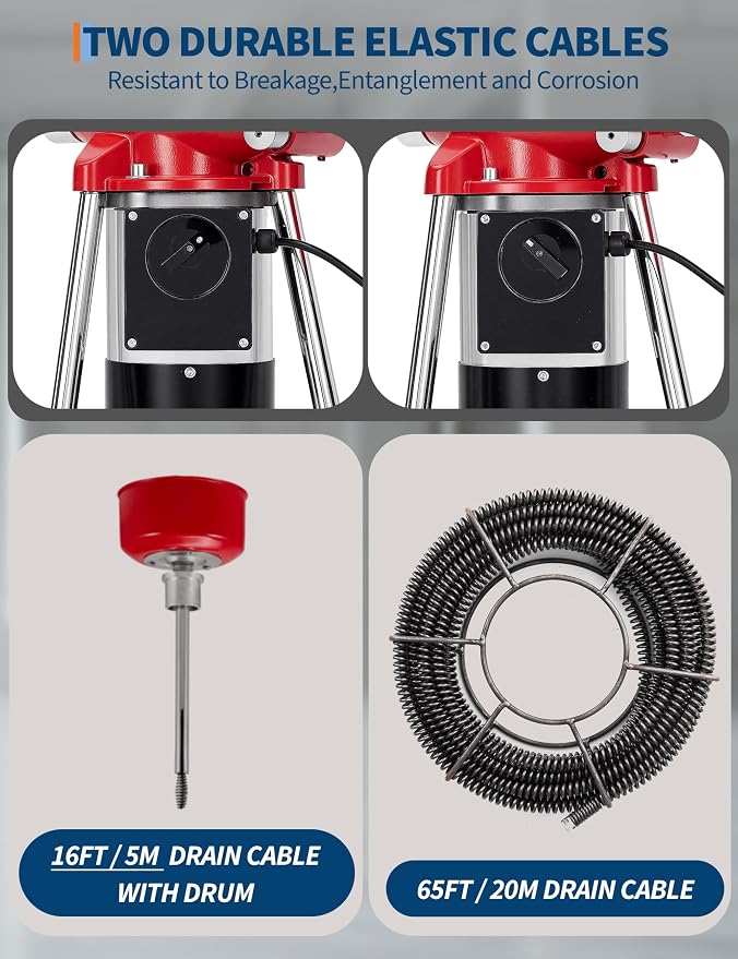 Portable Drain Cleaner Machine with 66FT x 5/8" & 16FT x 3/8" Steel Cables, 7 Cutters, Electric Sewer Snake Drain Auger, 500w Power Drain Cleaner Machine, Auto Feed Pipe Snake for 3/4" to 4" Pipes