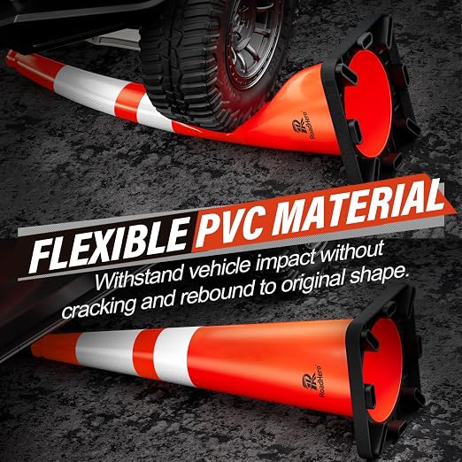 RoadHero 4 Pack Traffic Safety Cones 36 Inch with Black Weighted Base, Plastic PVC Cone, Orange Cones with Reflective Collar, Cones for Parking Lot, Construction Events, Road Safety