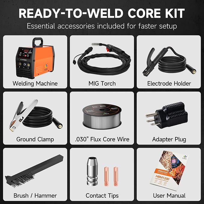 HITBOX 140A MIG Welder Gasless, 110V/220V Dual Voltage Flux Core Welder Flux MIG/Lift TIG/Stick 3 In 1 Synergy MIG Welding Machine With Torch Clamp and 0.8mm Flux Wire