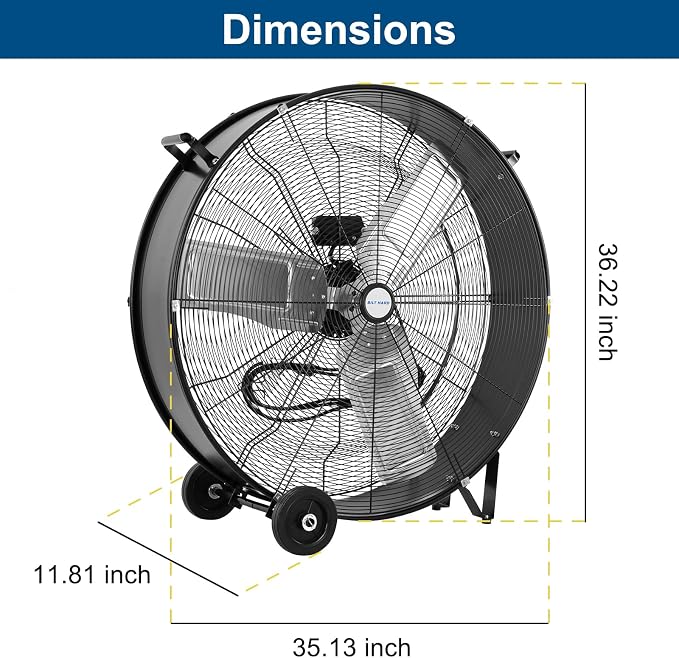 BILT HARD 36" High Velocity Drum Fan with 2 Speeds, 21800 CFM Heavy Duty Industrial Shop Fan, Large Commercial Floor Fan with Casters & Handle for Warehouse, Workshop and Garage, Black