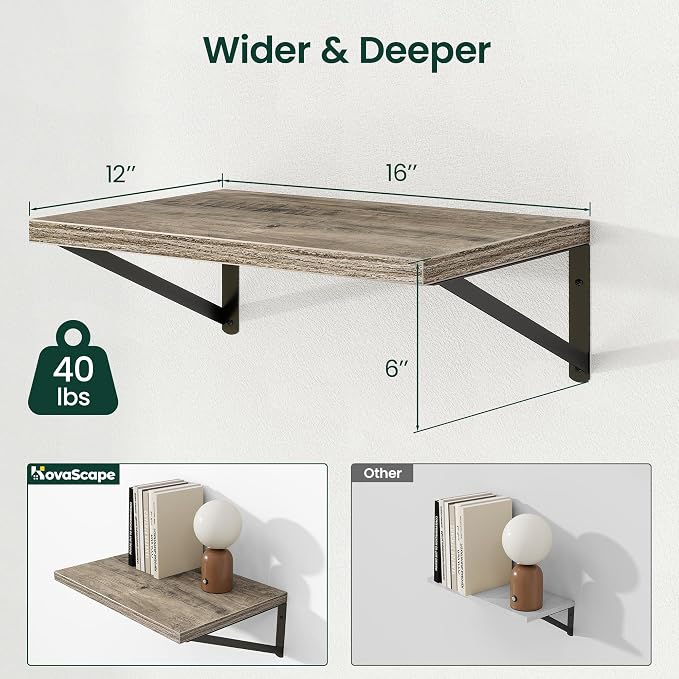 Floating Shelves 12 Inch Deep, 16W x 12D Wall Shelf Set of 2, 35 lbs Heavy Duty Reversible Metal Brackets, Deep Industrial Book Shelf for Living Room Kitchen Bath Bedroom Coffee Bar, Grey