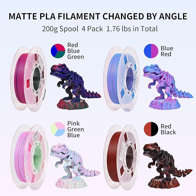 RAMBERY Matte Tri Color & Dual Color 3D Printer Filament Bundle, Multi Color Change by Angle PLA Filament 1.75mm+ /- 0.02mm, 200gX4 Spools