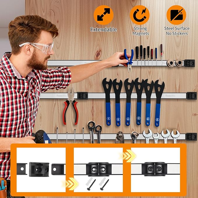 18" Magnetic Tool Holder Strip, 4 Pieces Silver Metal Tool Organizer Rack with Stainless Steel Surface, Magnet Bar for Garage Workshop, Easy To Install with Mounting Screws