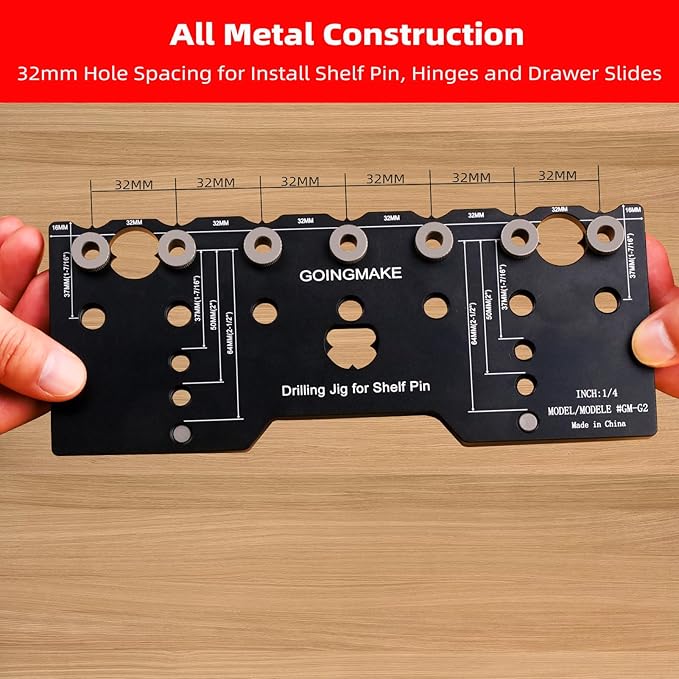 GOINGMAKE Shelf Pin Jig 1/4 Inch Aluminum Alloy Shelf Pin Drilling Jig Drill Guide for Straight Holes Shelf Pin Drilling Jig Cabinet Hardware Jig Shelf Pin Drilling Template Woodworking Tools