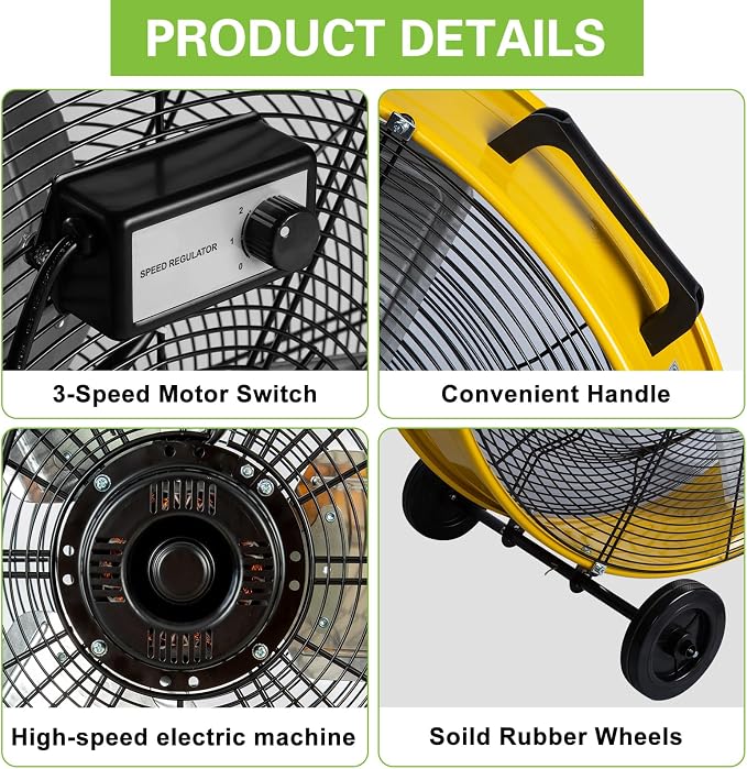 hykolity 30in. 2-Speed 13000 CFM High Velocity Drum Fan, Heavy Duty Industrial Shop Fan for Factory, Warehouse, Garage, Workshop, Commercial, and Basement, UL Listed, Yellow
