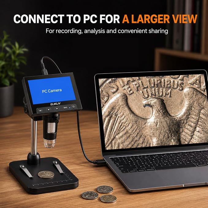 Elikliv Coin Microscope, 4.3'' LCD Digital Microscope 1000x, Coin Magnifier with 8 Adjustable LED Lights, PC View Compatible with Windows/Mac, EDM4B, Black