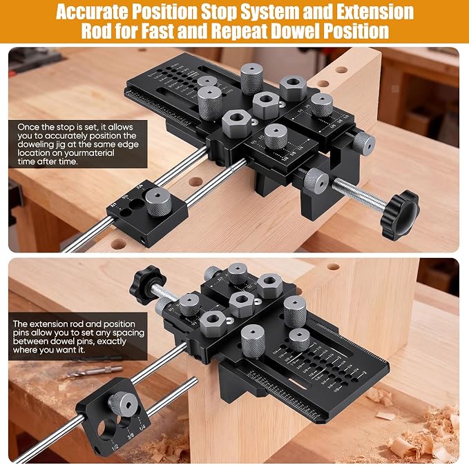 Dowel Jig Kit with Quick Positive Stop & Clamp, Adjustable Doweling Jig for 1/4", 3/8", 1/2" Drill Bits, Accurate Straight Holes for Any Thickness Wood Joints, Cabinet & Furniture