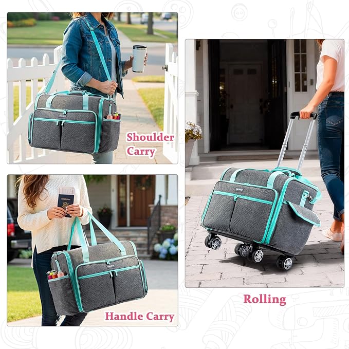 AMOIGEE Full-Open Sewing Machine Case with Wheels, Large Rolling Sewing Machine Bag with Detachable Foldable Dolly, Heavy-Duty Embroidery Tote for Brother Singer Janome Standard Machines Storage