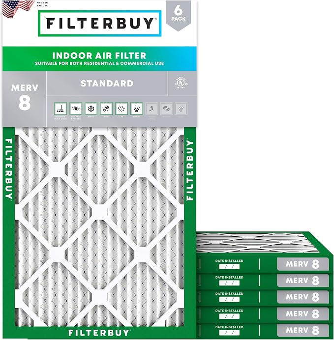 Filterbuy 15x28x1 Air Filter MERV 8 Essential Dust & Allergy Defense (6-Pack), Electrostatic Pleated HVAC AC Furnace Filters Replacement, Made in USA (Actual Size: 15.00 x 28.00 x 0.75)