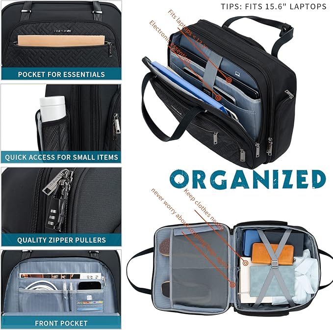 EMPSIGN Rolling Laptop Bag, 15.6 Inch Roller Briefcase with Wheel, Rolling Underaeat Computer Bag with Water-Proof RFID Pockets for Travel Business Work-Quilted Black