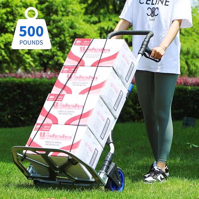 Folding Hand Trucks Heavy Duty by Leeyoung,500 lb Aluminium Folding Hand Cart Dolly with 8 inch Wheels (incl 2 Bungee Cords)