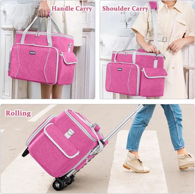 AMOIGEE Rolling Sewing Machine Case with Wheels – Sewing Machine Bag with Detachable Wheels Frame, Trolley Tote with Removable Padding,Fits Most Standard Machines Compatible with Singer,Brother,Janome