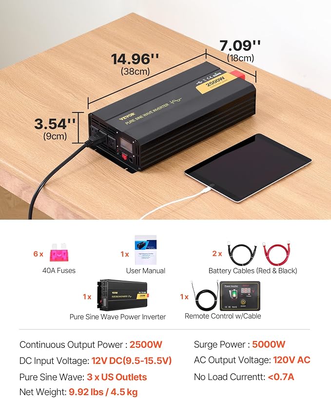 VEVOR 2500W Pure Sine Wave Inverter, 12V DC to 120V AC Car Inverter, 3 AC Outlets, USB Port, LCD Display, Remote Controller, Black, for RV Truck Car Solar System Travel Camping