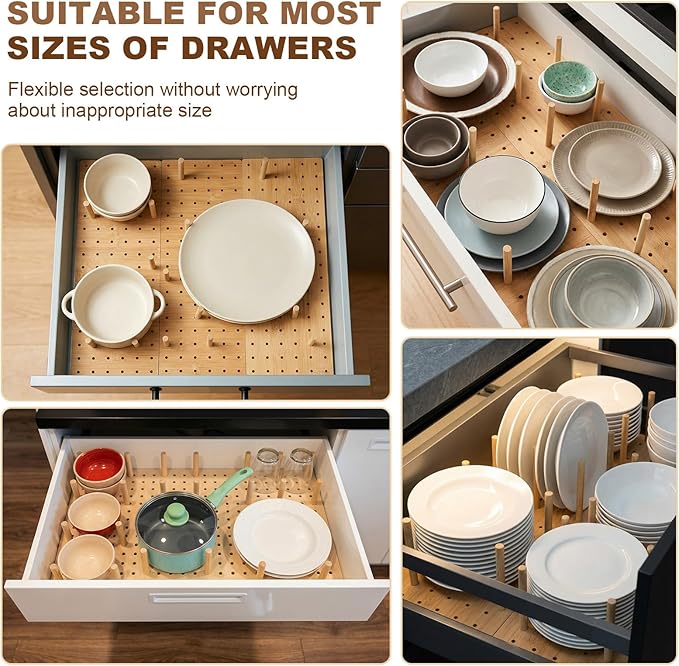 Kigley 6 Pcs Wood Pegboard Drawer Organizer with 48 Pegs Wooden Peg Board System Peg Drawer Organizers for Kitchen Dishes Plate Pegboard Food Containers(Wood Color,21x5.91,Bamboo)