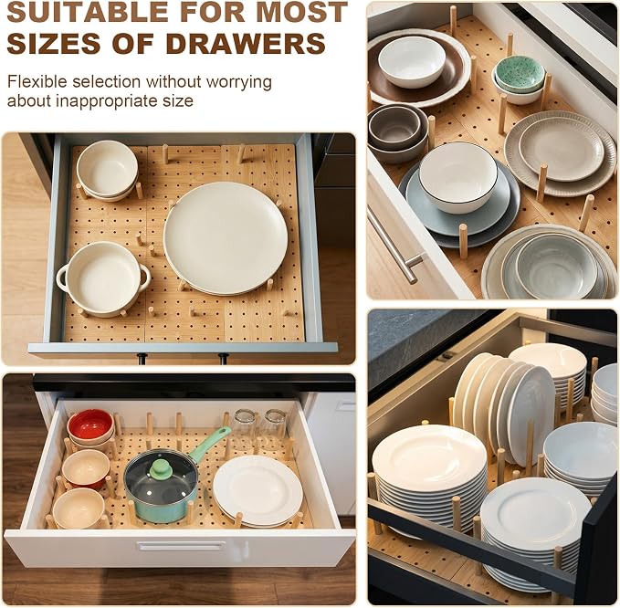 Kigley 6 Pcs Wood Pegboard Drawer Organizer with 48 Pegs Wooden Peg Board System Peg Drawer Organizers for Kitchen Dishes Plate Pegboard Food Containers(Wood Color,17x5.91,Bamboo)