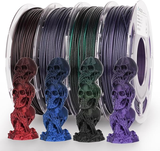 AMOLEN PLA 3D Printer Filament,PLA Filament 1.75mm,Silk Shiny Filament Bundle, Black Red, Blue,Purple,Green, 3D Printing Filament Bundle, 200gX 4 Spools