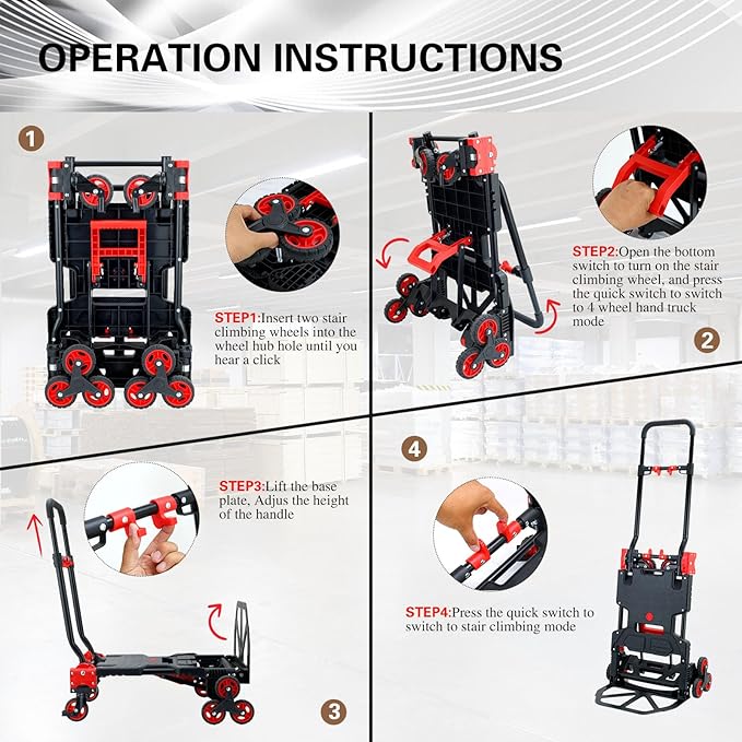 2 in 1 Folding Hand Truck Dolly,330LB Stair Climbing Dolly Cart with Wheels,Hand Truck Foldable with Telescoping Handle,Collapsible Hand Truck for Moving&Transportation(Red)