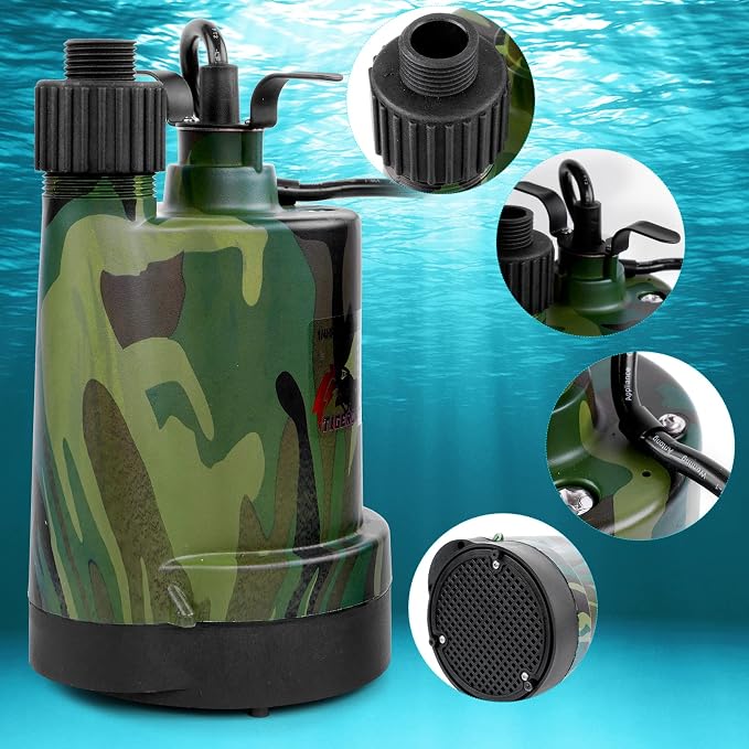 TIGEROAR 120V Submersible Pump 1/4 HP Water Transfer Pump 1800 GPH Utility Sump Pump with 10 ft. Cord and Hose Adapter for Transferring Water
