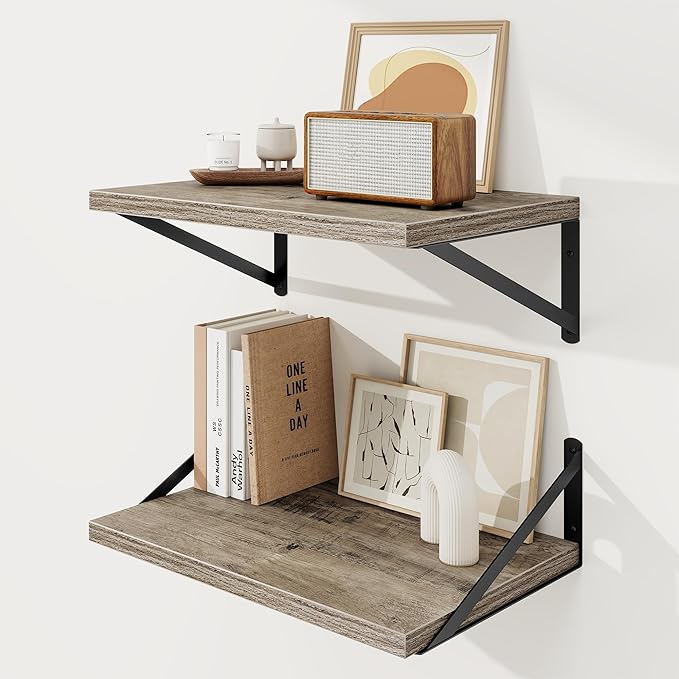 Floating Shelves 12 Inch Deep, 16W x 12D Wall Shelf Set of 2, 35 lbs Heavy Duty Reversible Metal Brackets, Deep Industrial Book Shelf for Living Room Kitchen Bath Bedroom Coffee Bar, Grey