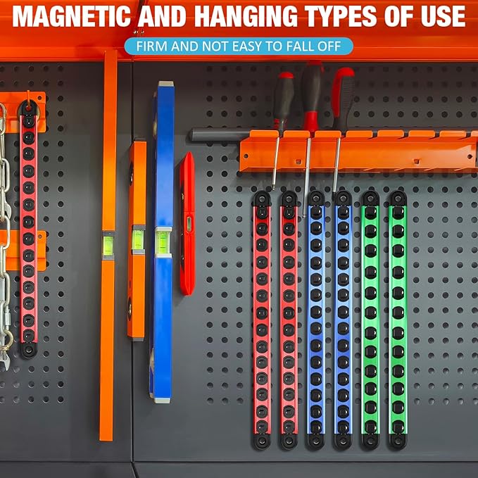 Ceenna 6 Piece Magnetic Socket Organizer Set, Heavy Duty Socket Holder, Sockets Rack Kit with 1/4-inch x 14 Clips, 3/8-inch x 14 Clips, 1/2-inch x 12 Clip, Gift for Men, Red, Blue and Green