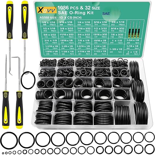 XBVV 1086 Pcs 32 Size SAE O Ring Assortment Kit Standard Buna-N Rubber O'ring Set with 4 Pick & Hook for Automotive Hydraulic Faucet Plumbing Sealing Repair ID:1/8-2 Inch