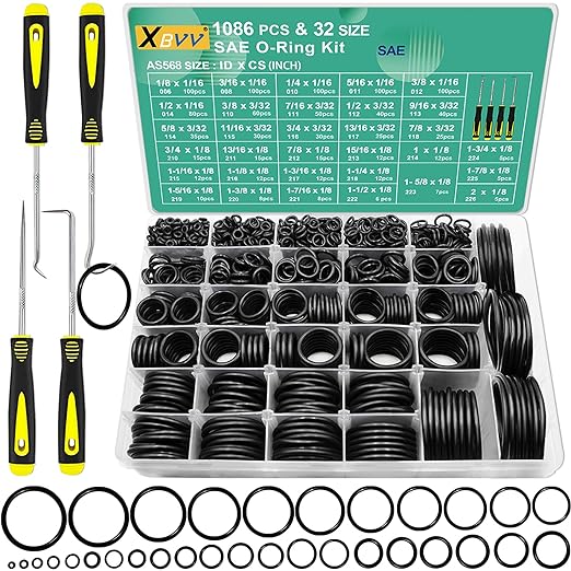 XBVV 1140 Pcs O Ring Assortment and 1oz Silicone Grease Kit and 32 Size SAE O Ring Assortment Kit 1086 Pcs Standard Buna-N Rubber O'ring Set with 4 Pick & Hook