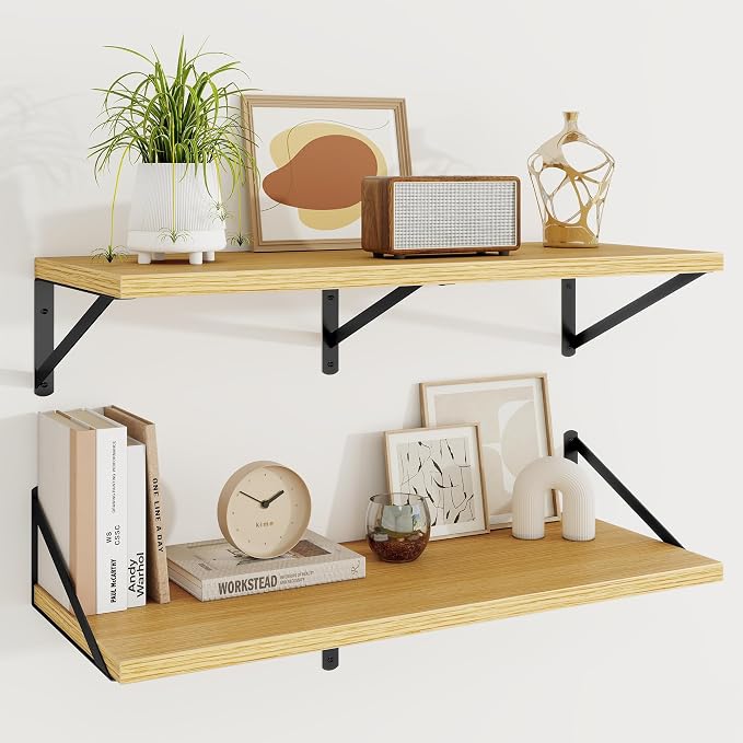 Floating Shelves 12 Inch Deep, 36W x 12D Wall Shelf Set of 2, 60 lbs Heavy Duty Reversible Metal Brackets, Deep Industrial Book Shelf for Living Room Kitchen Bath Bedroom Coffee Bar, Oak