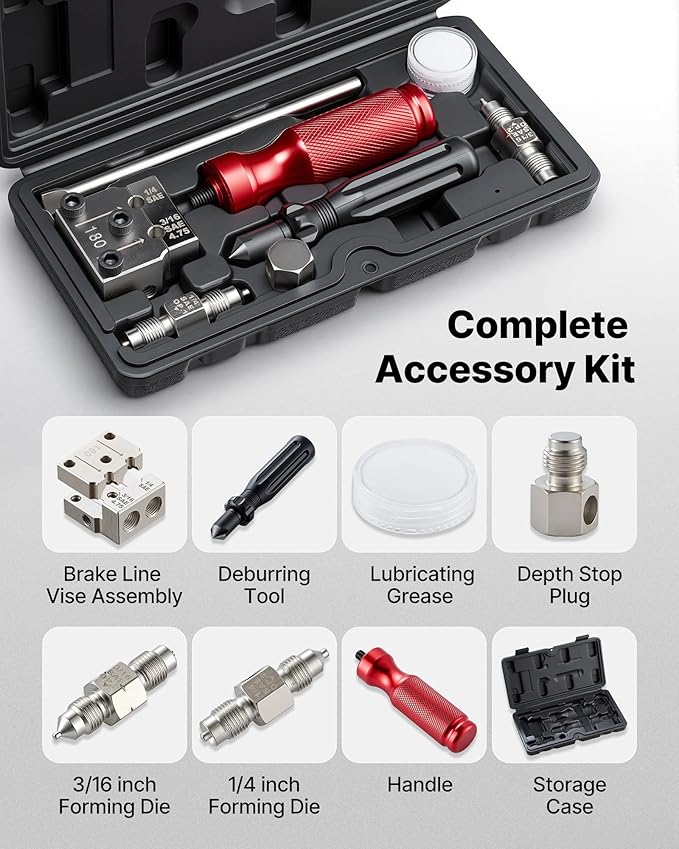VEVOR Brake Line Flaring Tool Kit, 45° Single & Double Flare Tool for 3/16", 1/4" Copper Tubing - with 2 Forming Dies, Deburring Tool & Toolbox for Automotive Brake Hydraulic Line Repair