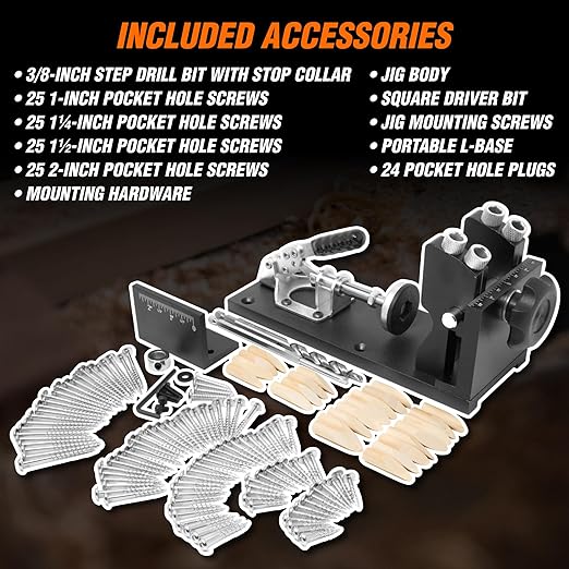 WEN Pocket Hole Jig Kit, Metal, Step Drill Bit, Self-Tapping Screws, and L-Base (WA1527)